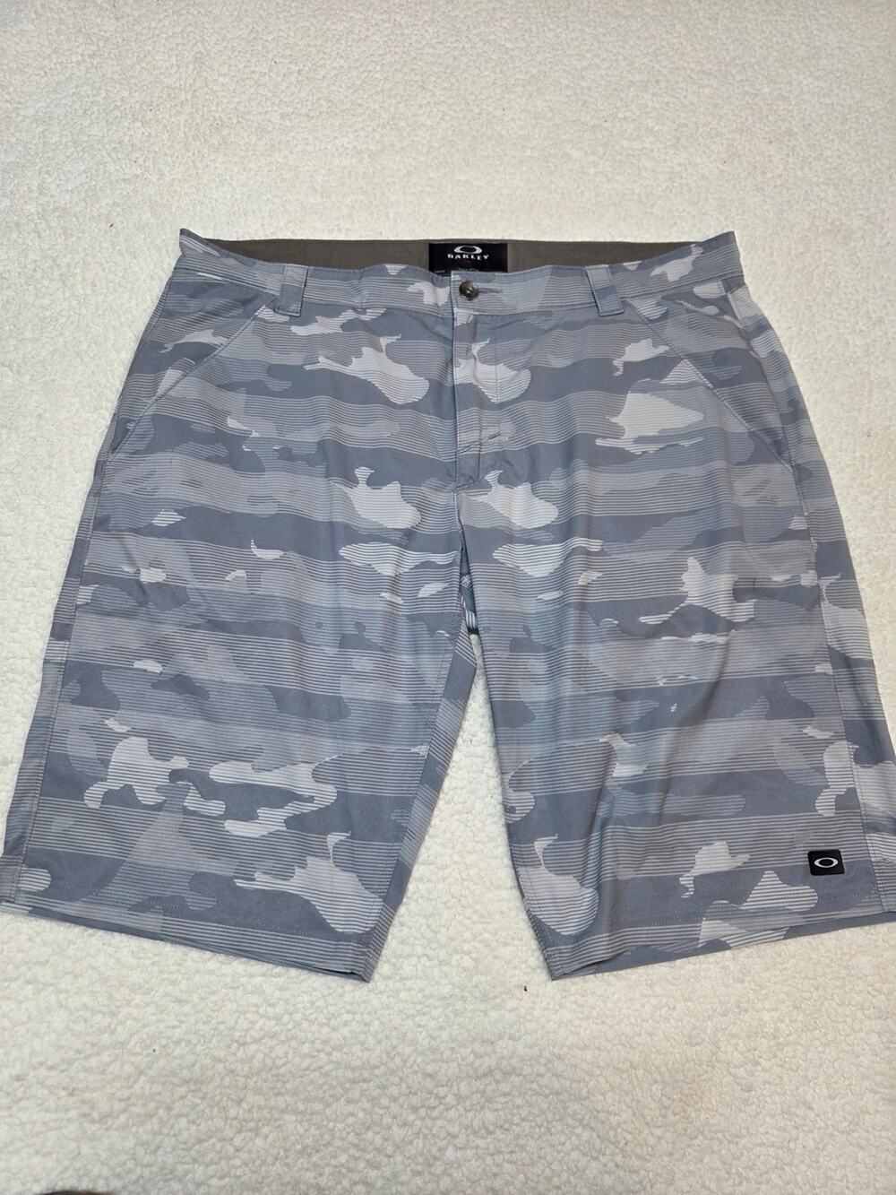 Oakley Gray Striped Board Shorts with Metal Button